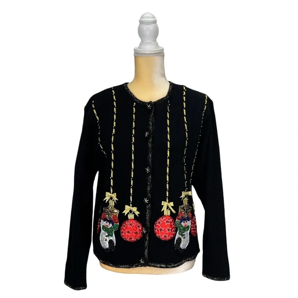 Vintage Christopher Radko Christmas Sweater Black Lambswool Snowman Ornament EUC